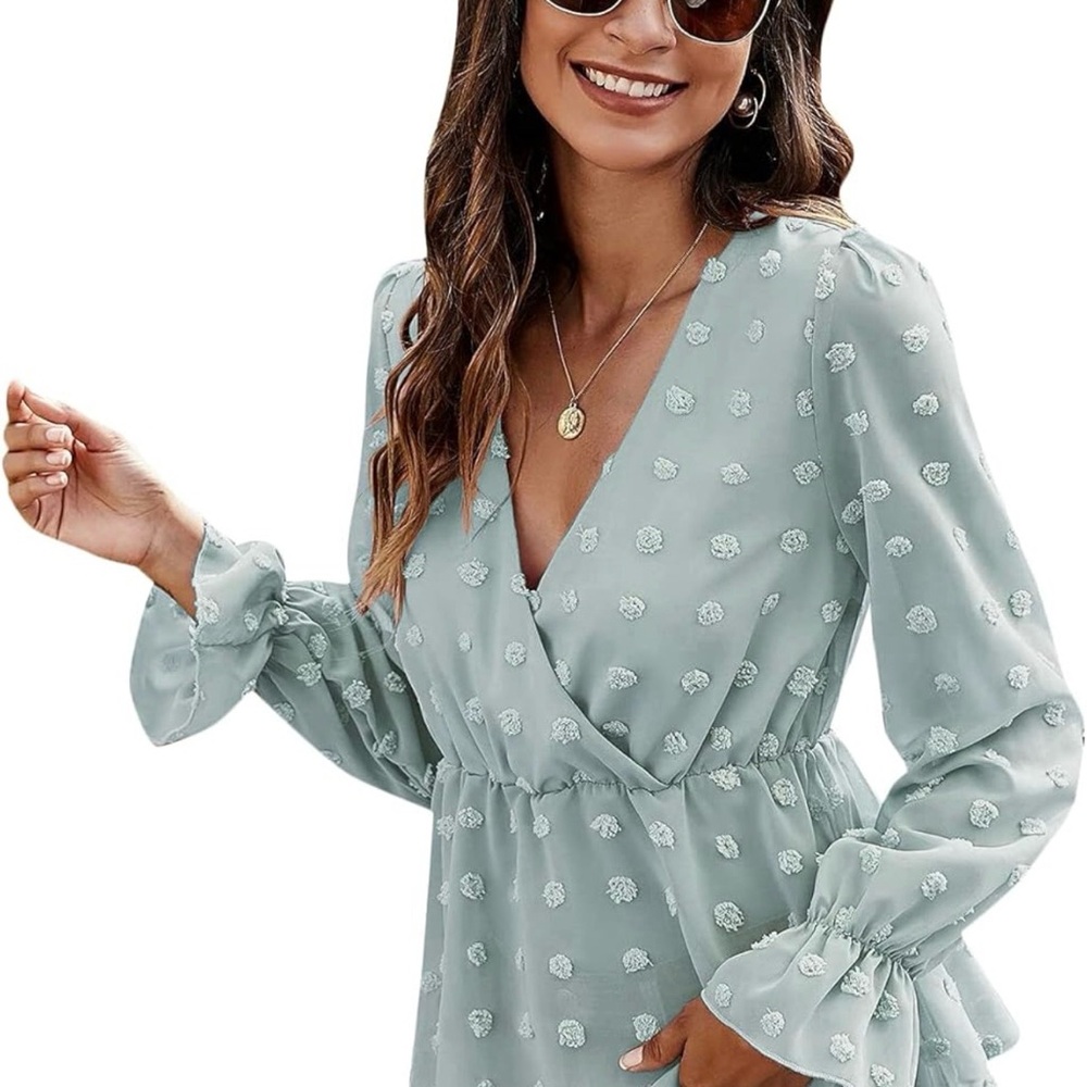 Shein Women’s Long Sleeve Wrap Blouse – Size L polkadot, mint blue